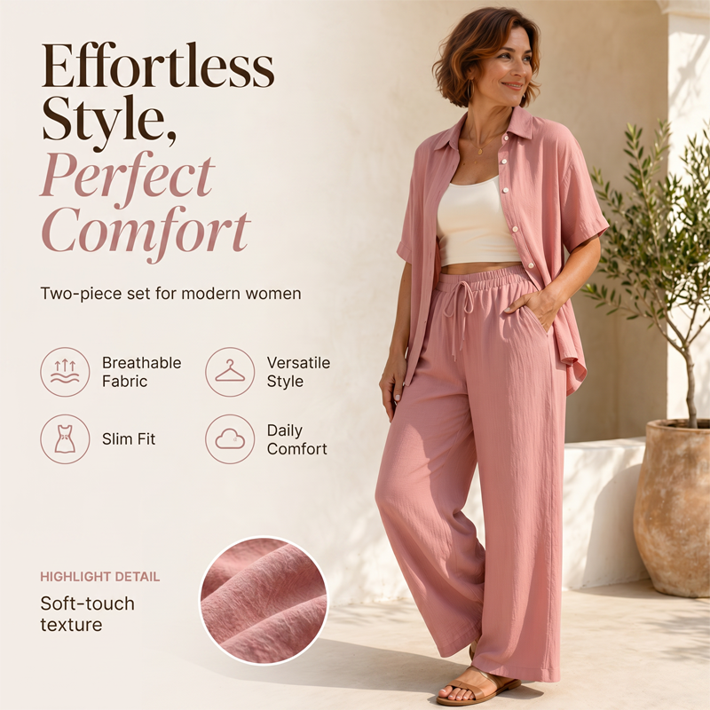 Women's Short Sleeve Shirt & Wide-Leg Pants Set