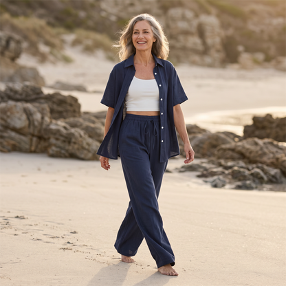 Women's Short Sleeve Shirt & Wide-Leg Pants Set