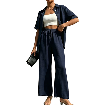 Women's Short Sleeve Shirt & Wide-Leg Pants Set