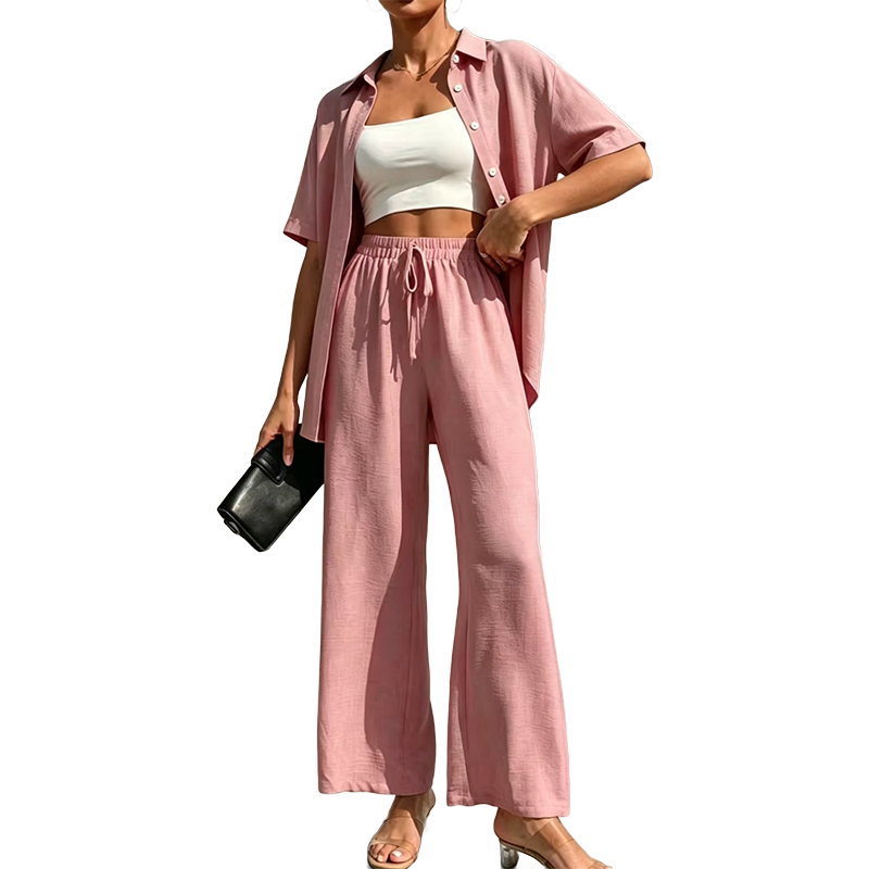 Women's Short Sleeve Shirt & Wide-Leg Pants Set