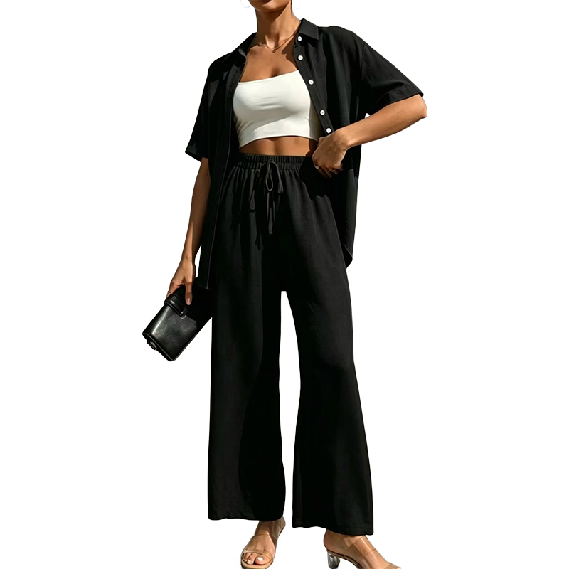 Women's Short Sleeve Shirt & Wide-Leg Pants Set