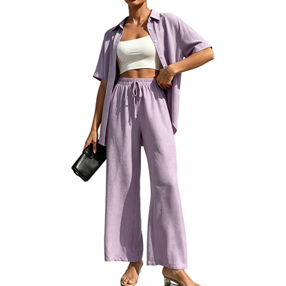 Women's Short Sleeve Shirt & Wide-Leg Pants Set