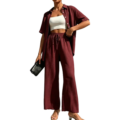 Women's Short Sleeve Shirt & Wide-Leg Pants Set