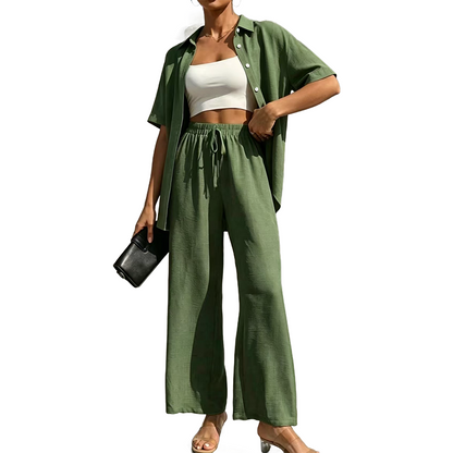 Women's Short Sleeve Shirt & Wide-Leg Pants Set