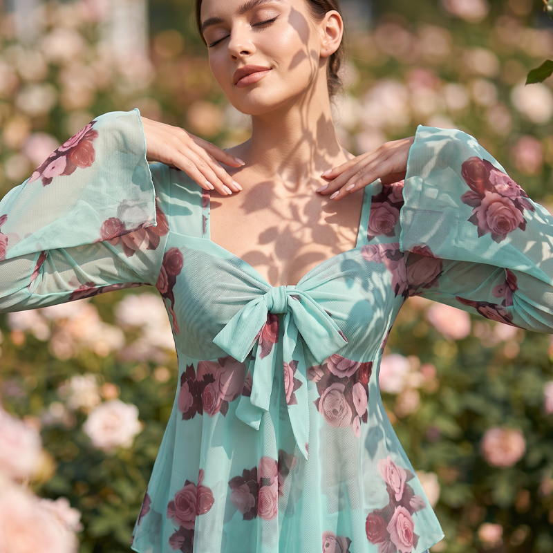 Women's Floral Print Square Neck Tie-Front Blouse