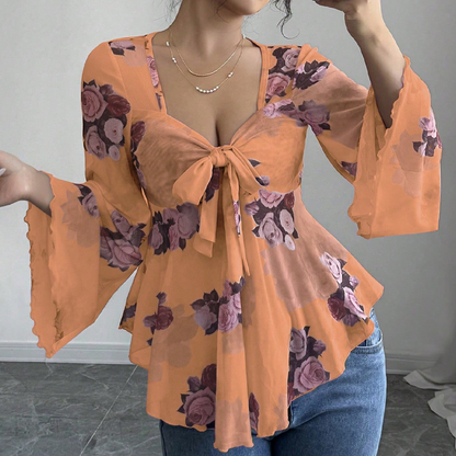 Women's Floral Print Square Neck Tie-Front Blouse