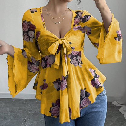 Women's Floral Print Square Neck Tie-Front Blouse