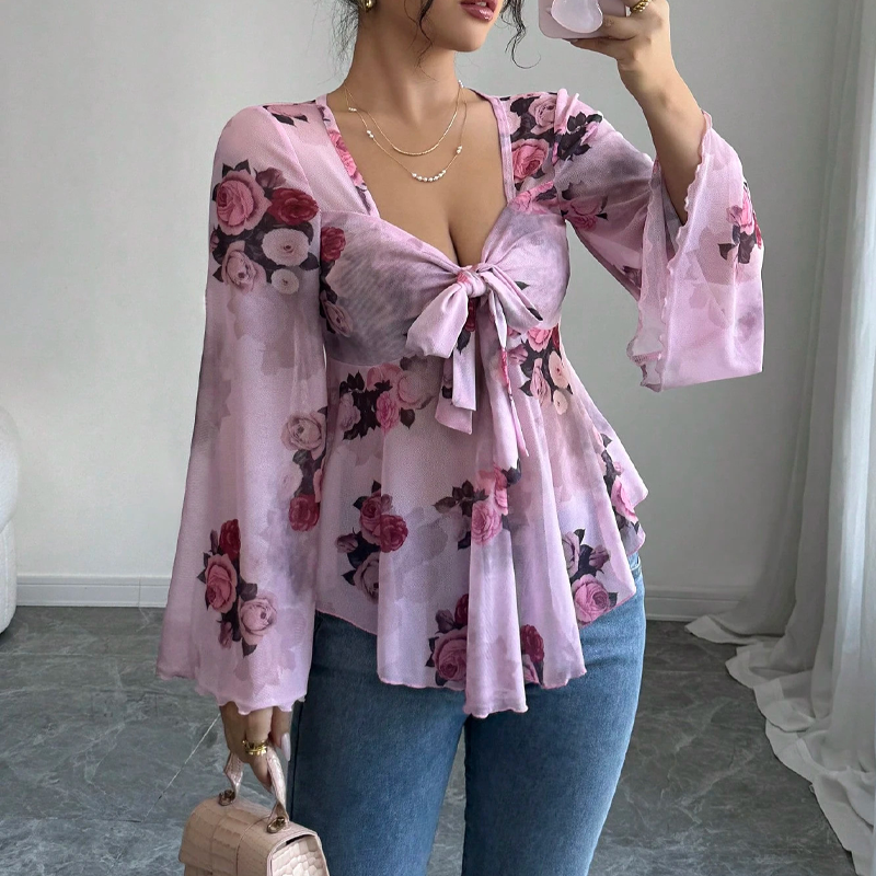 Women's Floral Print Square Neck Tie-Front Blouse