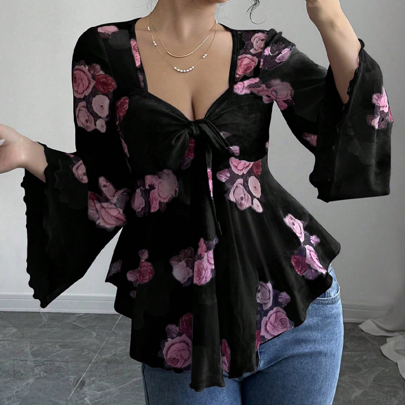 Women's Floral Print Square Neck Tie-Front Blouse