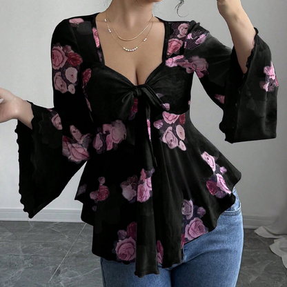 Women's Floral Print Square Neck Tie-Front Blouse