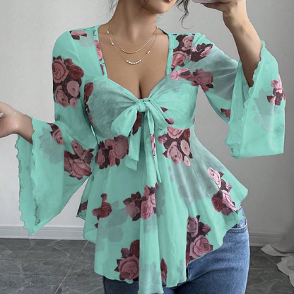 Women's Floral Print Square Neck Tie-Front Blouse