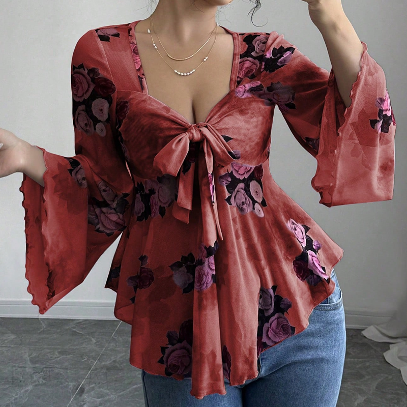 Women's Floral Print Square Neck Tie-Front Blouse