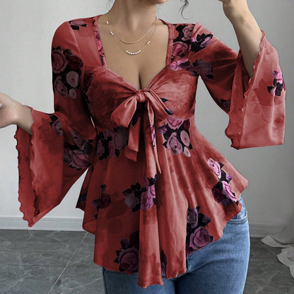 Women's Floral Print Square Neck Tie-Front Blouse