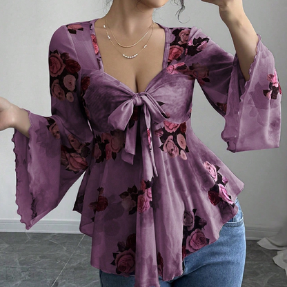 Women's Floral Print Square Neck Tie-Front Blouse