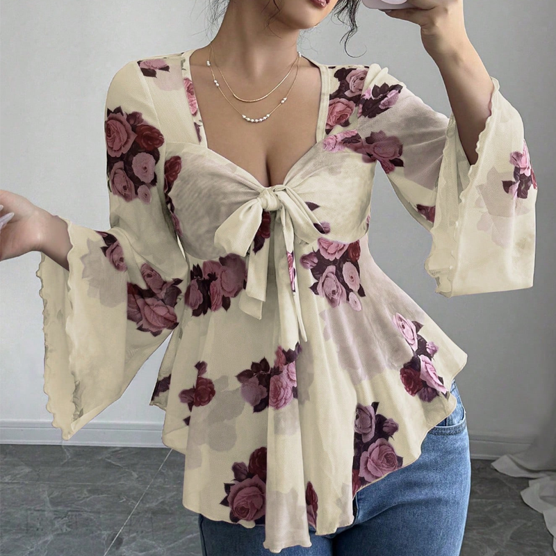 Women's Floral Print Square Neck Tie-Front Blouse