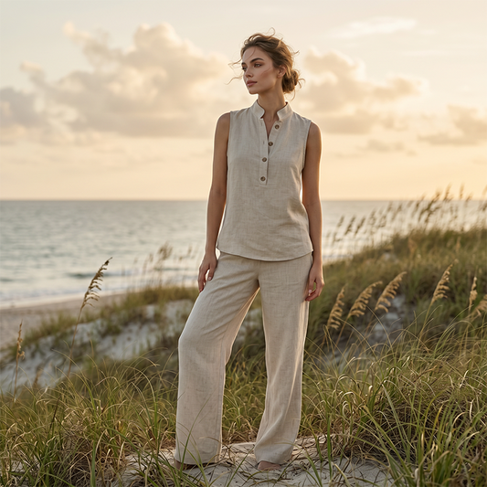 👗 LIMITED-TIME 50% OFF! Women's Stand Collar Sleeveless Top & Wide Leg Pants 2 Piece Linen Outfit Set