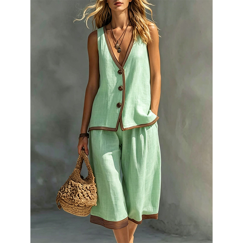 Women's Sleeveless V-Neck Top & Wide-Leg Pants Set