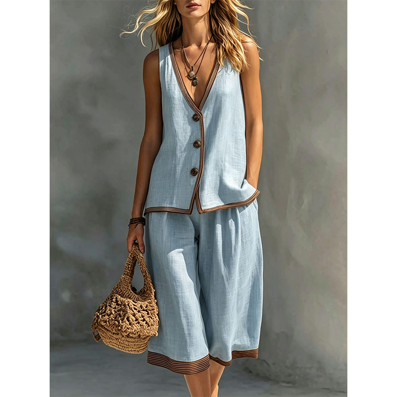 Women's Sleeveless V-Neck Top & Wide-Leg Pants Set