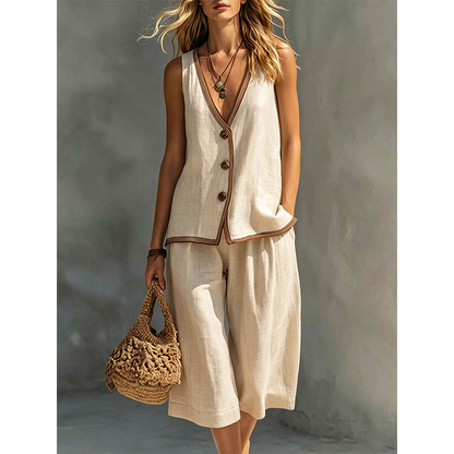 Women's Sleeveless V-Neck Top & Wide-Leg Pants Set