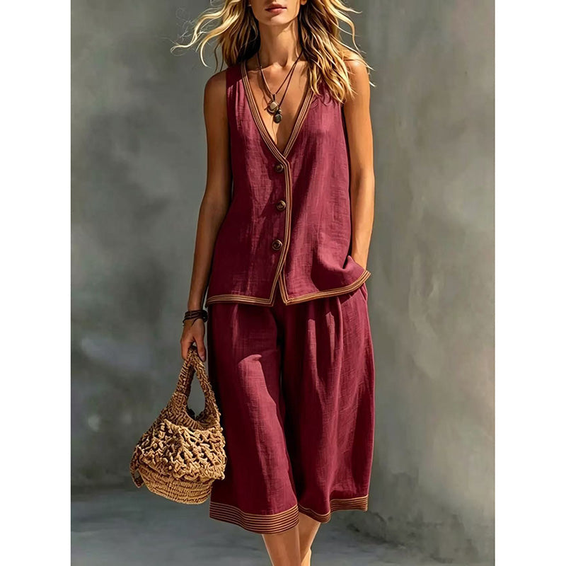 Women's Sleeveless V-Neck Top & Wide-Leg Pants Set