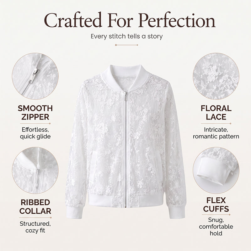 Women's Sheer Floral Lace Zip-Up Baseball Jacket