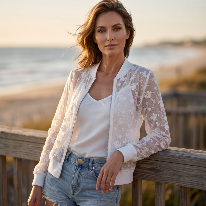 Women's Sheer Floral Lace Zip-Up Baseball Jacket