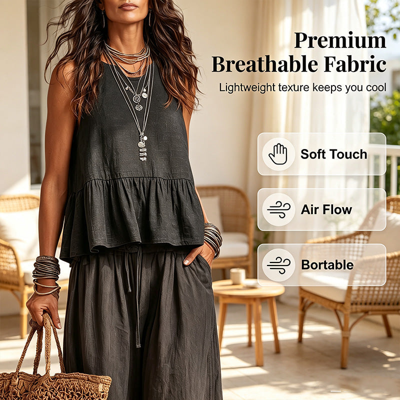 Women Casual Sleeveless Ruffle Top and Wide Leg Long Pants Set