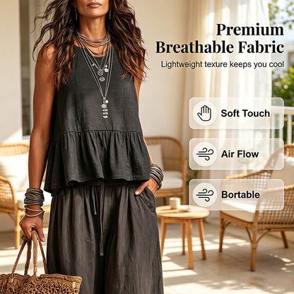 Women Casual Sleeveless Ruffle Top and Wide Leg Long Pants Set