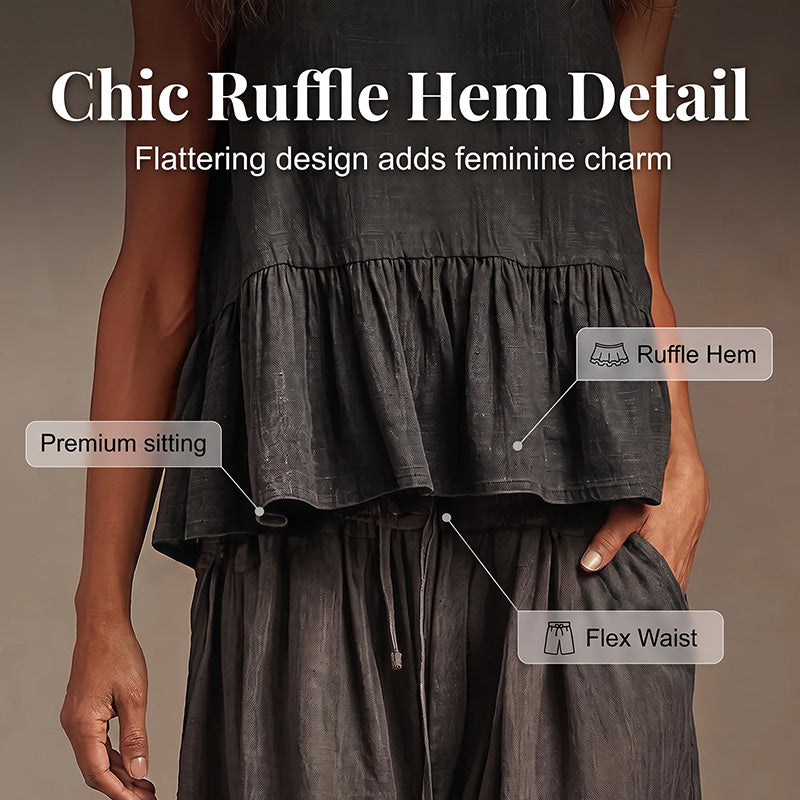 Women Casual Sleeveless Ruffle Top and Wide Leg Long Pants Set