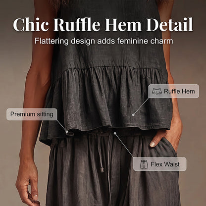 Women Casual Sleeveless Ruffle Top and Wide Leg Long Pants Set