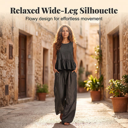 Women Casual Sleeveless Ruffle Top and Wide Leg Long Pants Set