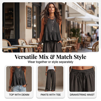 Women Casual Sleeveless Ruffle Top and Wide Leg Long Pants Set