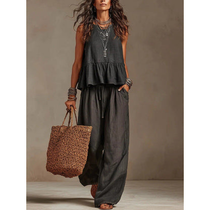 Women Casual Sleeveless Ruffle Top and Wide Leg Long Pants Set