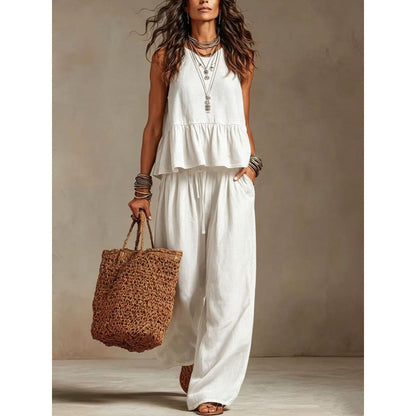 Women Casual Sleeveless Ruffle Top and Wide Leg Long Pants Set