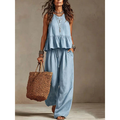 Women Casual Sleeveless Ruffle Top and Wide Leg Long Pants Set