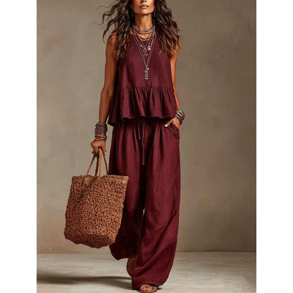 Women Casual Sleeveless Ruffle Top and Wide Leg Long Pants Set