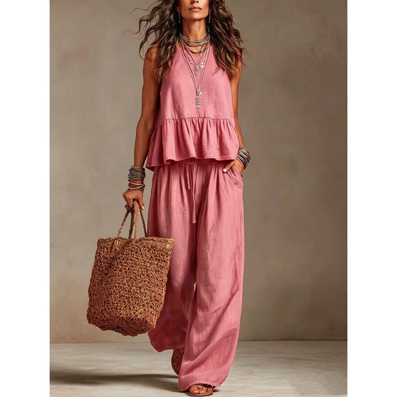 Women Casual Sleeveless Ruffle Top and Wide Leg Long Pants Set