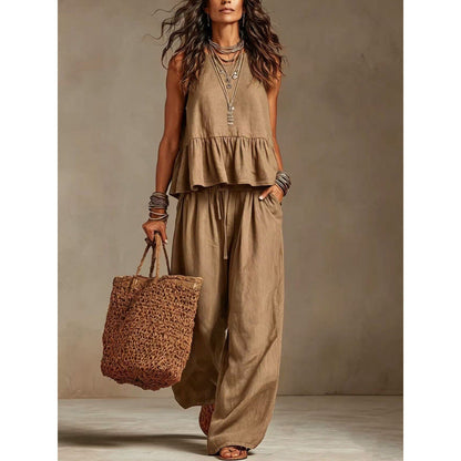 Women Casual Sleeveless Ruffle Top and Wide Leg Long Pants Set