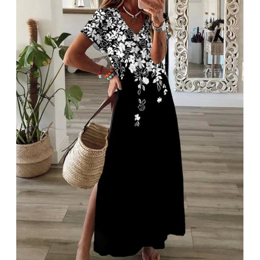 Women's V-Neck Floral Print Dress with Side Slit Hem