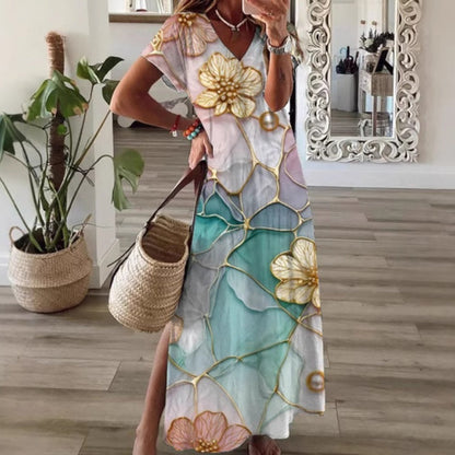 Women's V-Neck Floral Print Dress with Side Slit Hem
