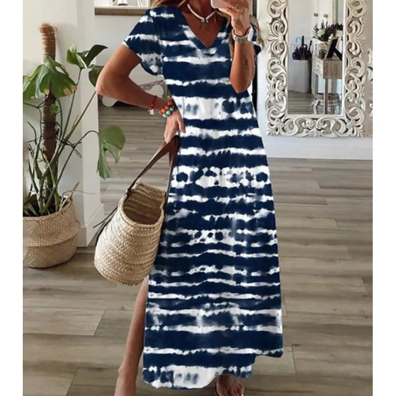 Women's V-Neck Floral Print Dress with Side Slit Hem