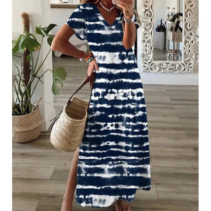 Women's V-Neck Floral Print Dress with Side Slit Hem