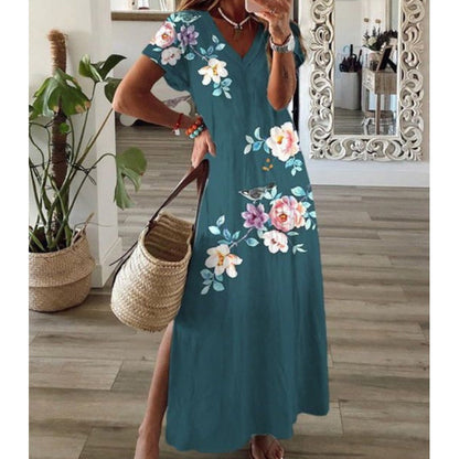 Women's V-Neck Floral Print Dress with Side Slit Hem