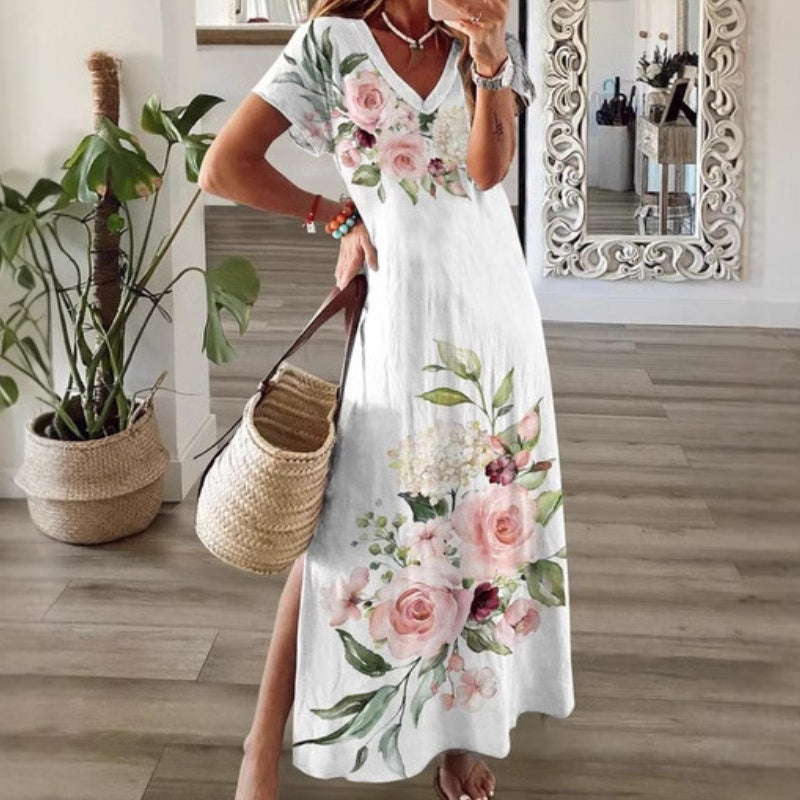 Women's V-Neck Floral Print Dress with Side Slit Hem