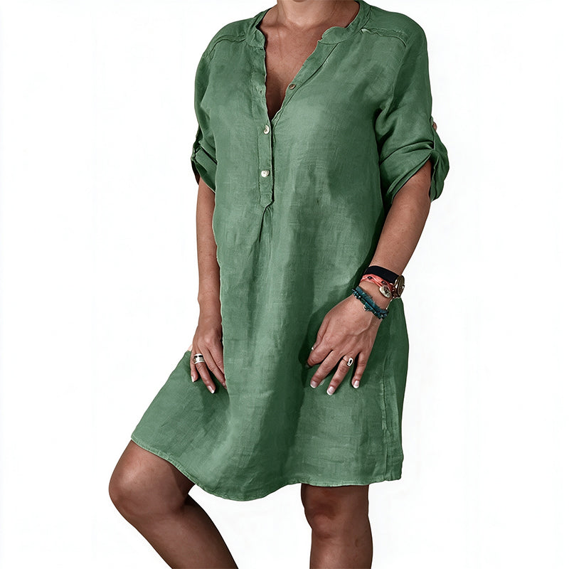 Women's Summer V-Neck Dress with Roll Sleeve