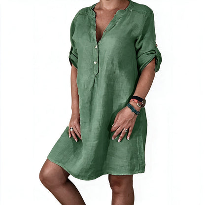 Women's Summer V-Neck Dress with Roll Sleeve