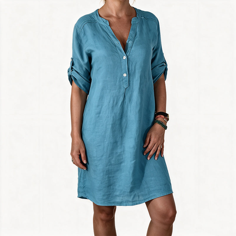 Women's Summer V-Neck Dress with Roll Sleeve