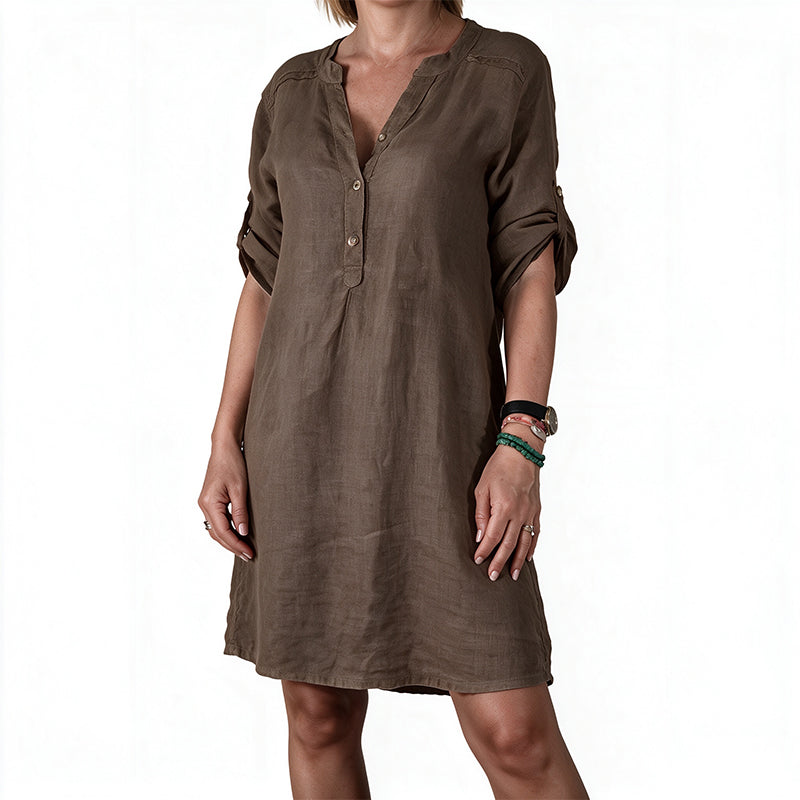 Women's Summer V-Neck Dress with Roll Sleeve