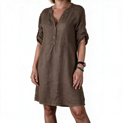 Women's Summer V-Neck Dress with Roll Sleeve