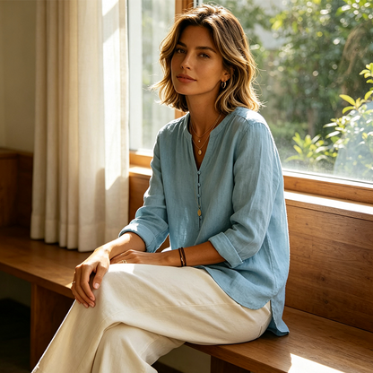 🌿Cotton And Linen Casual V Neck Button Up Long Sleeve Shirt